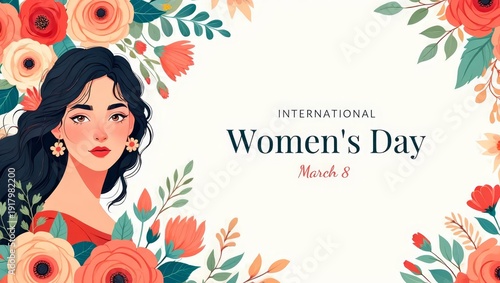 International Women's Day. Horizontal banner or flyer featuring a beautiful woman and spring flowers.