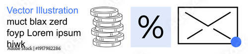 Finance, online notifications, investment management, business communication, email reminders, savings plans. Stacked coins, percentage symbol and email envelope. Finance and online notifications