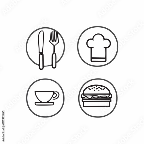 Restaurant icon set featuring food and utensils in a simple vector illustration style with 4 circular icons in a grid layout