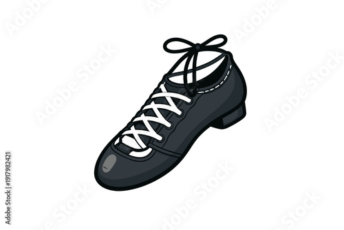 Black Irish dance shoe with white laces tied in a bow