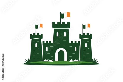 Green Irish castle with flags on towers and grassy ground