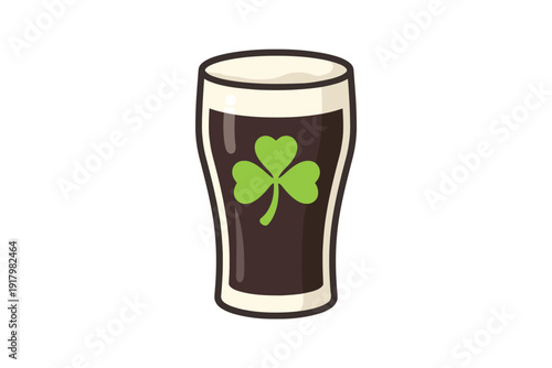 Glass of dark beer with shamrock emblem
