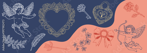 Vintage Cupid and romantic ornament set with hearts, Valentine themes Elegant hand-drawn engraving style illustrations ideal for wedding designs, arrows, florals, and decorative frames.