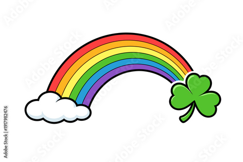 Rainbow arch with cloud and lucky shamrock on white