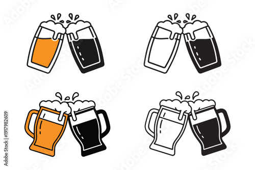 Four beer glasses clinking together with foam on transparent background