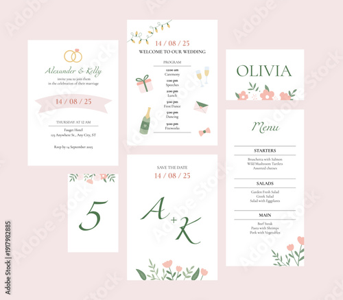 A set of wedding invitations in a whimsical style. Vector graphic templates