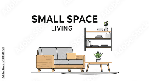 Small space living room vector illustration, featuring sofa, coffee table, and shelving unit, with minimalist decor.