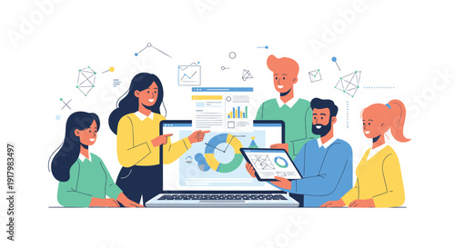 Business team collaboration with laptop and graphs, diverse people working together, office setting with data analysis.