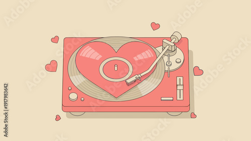 Vintage turntable with heart-shaped record and floating hearts.