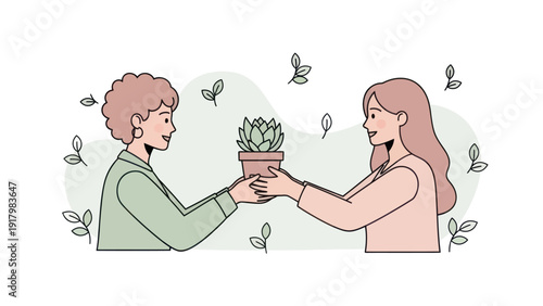 Two smiling women sharing a potted succulent plant.