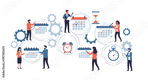 Business productivity icon collection. Includes people, calendar, clock, gear, planning, and organization symbols. Created in modern flat style with blue and orange palette.