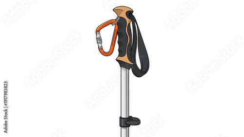Close-up of a hiking pole with carabiner and strap