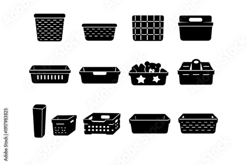 Wardrobe basket icon bin storage woven hamper icons grid slim vector