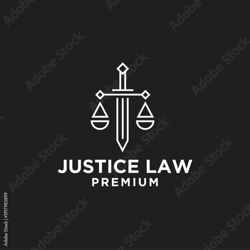 Justice Law Premium Monoline Logo with Sword and Scales of Justice Symbol