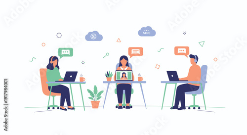 Remote team collaboration vector illustration. People working on laptops with speech bubbles, clouds, and a potted plant. Modern office communication scene.