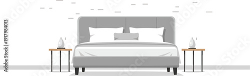 Vector illustration of a modern bed with two nightstands isolated on white background