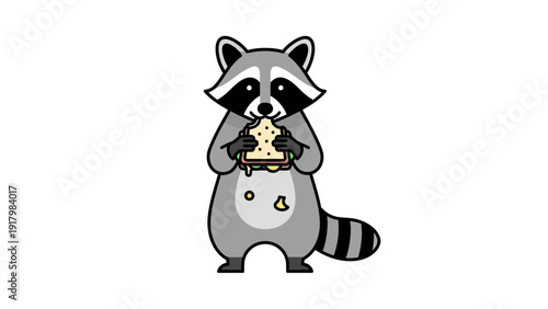 A cute cartoon raccoon is eating a sandwich.