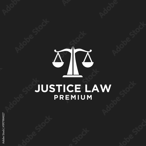 White Scales of Justice Law Symbol Logo Design on Black Background
