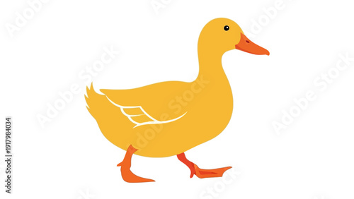A friendly yellow duck walks with a cheerful expression on a white background.