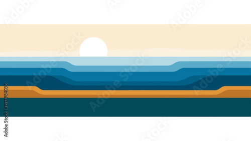 Abstract minimalist landscape with layered ocean waves and sunset sky.