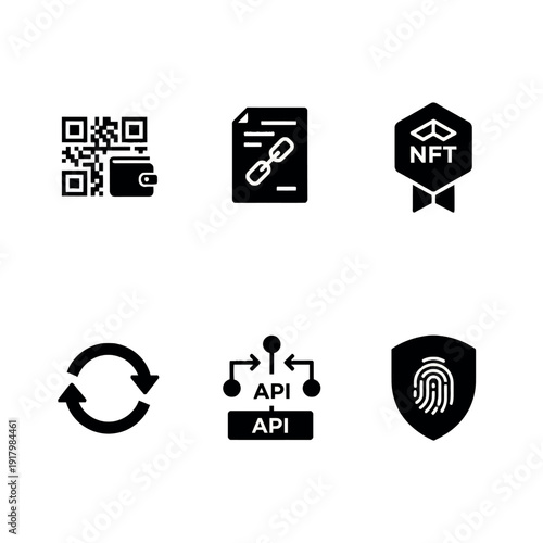 A collection of six fintech and technology icons including QR codes, NFTs, APIs, and cybersecurity symbols in a grid layout against a clean white background with a monochromatic color
