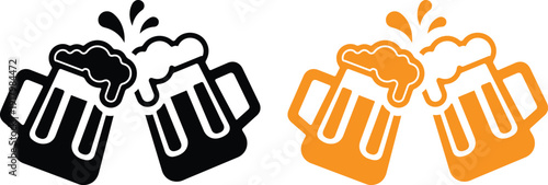 Two beer mugs clinking together with foam and liquid splashing  celebration icon set