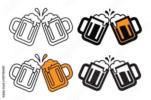 Various beer mugs clinking together in different styles and colors