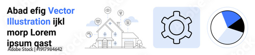 House linked to various technology icons, gear symbol for system optimization, and pie chart for data analysis. Ideal for home automation, IoT, technology, analytics, innovation, settings simple