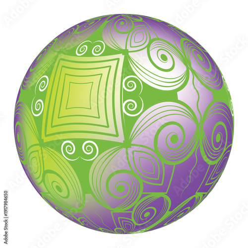 Colorful 3D sphere featuring an abstract ornamental geometric pattern with spirals and nested squares in vibrant green and purple gradient tones