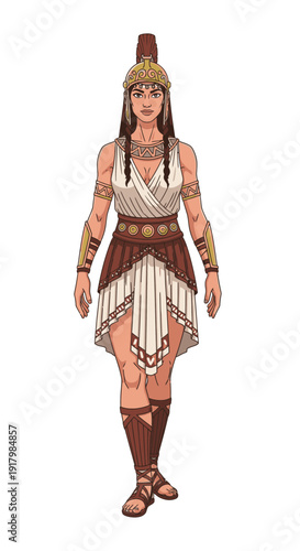 Animated female warrior wearing ancient Greek clothing and armor  
