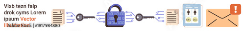 Cybersecurity, data protection, encrypted communication, secure access, identity verification, digital privacy. Centralized lock connecting documents, mobile device and email alert. Cybersecurity