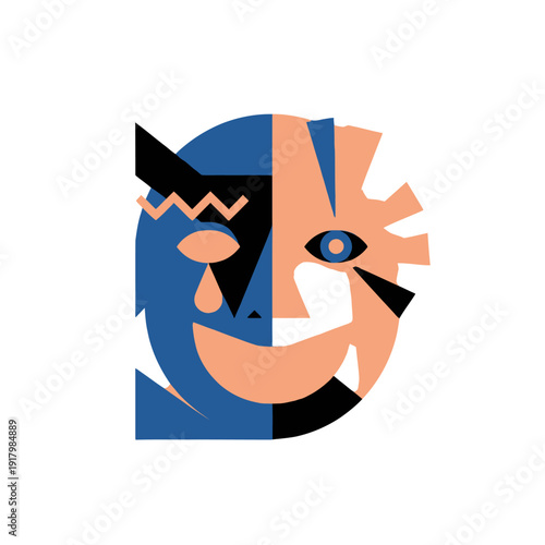 Abstract Male Face Portrait with Geometric Color Blocks Representing Modern Human Expression