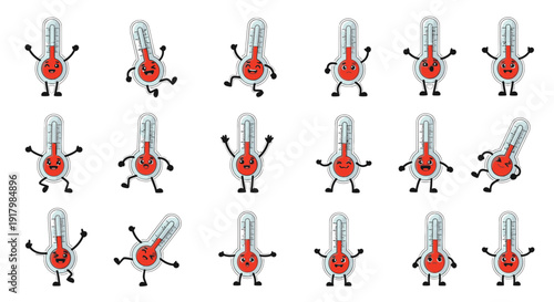 Cartoon thermometers with faces in various playful poses  