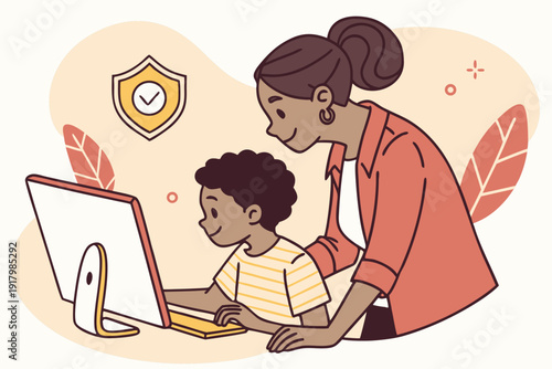 Mama pomaga dziecku przy komputerze, domowa nauka, wsparcie rodzica i edukacja online.