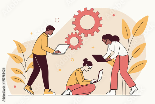 Zespół pracujący z laptopami przy kołach zębatych, współpraca i nowoczesne zarządzanie projektami.