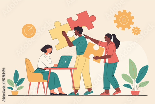 Współpraca zespołu przy projekcie, ludzie składają duże puzzle, praca nad rozwiązaniem problemu i budowanie strategii w firmie.