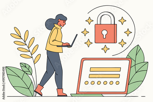 Kobieta z laptopem przy symbolu kłódki i hasła, bezpieczeństwo danych oraz logowanie.