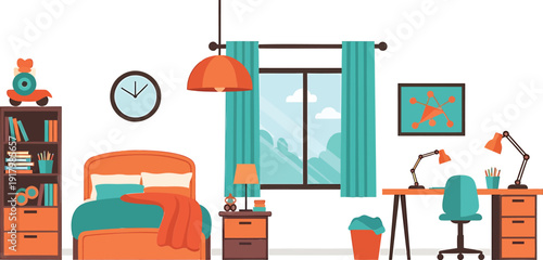 Vector illustration of a modern bedroom interior with furniture and decor, isolated on transparent background.