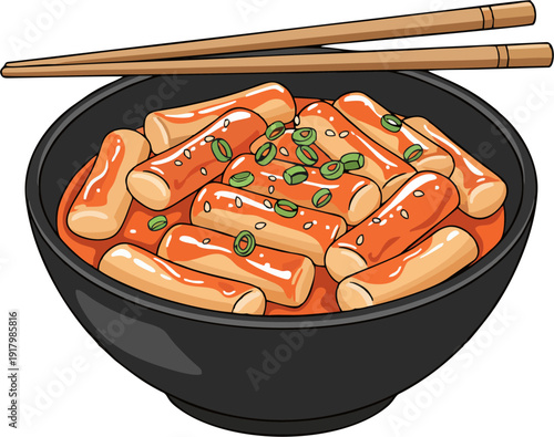 Korean Tteokbokki Rice Cakes in Spicy Sauce with Chopsticks - Traditional Asian Street Food Illustration in Black Bowl