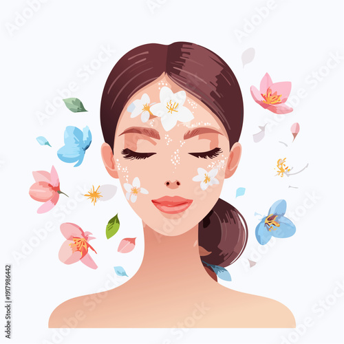 Kobieta z kwiatową pielęgnacją twarzy, naturalna uroda i relaksujący zabieg kosmetyczny.