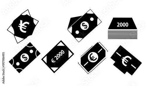 Abstract Black and White Banknote Vector Icons for Payments, Banking, and Economy