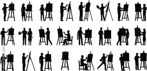 Artist Painting Silhouette Set People Working at Easel Black and White Painter Illustration Collection Isolated on White Background Vector Design