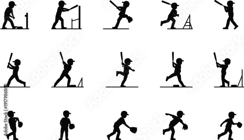 Baseball player silhouette icon set showing kids batting, pitching, running, and fielding actions isolated on white background for sports, training, and athletic design projects