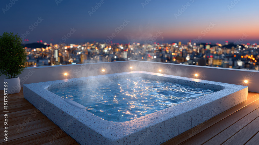 Fototapeta premium Luxury rooftop jacuzzi with steaming water and glowing city skyline bokeh at dusk on wooden deck, ideal for hotel spa marketing, hospitality website banner and travel promotion