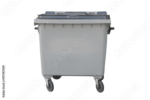 grey plastic trash container isolated on white background