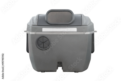 grey plastic trash container isolated on white background