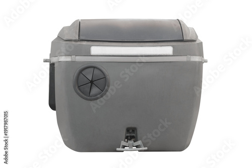 grey plastic trash container isolated on white background