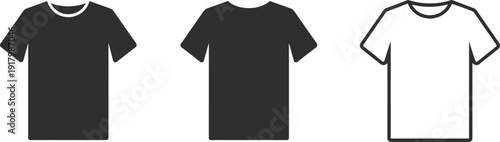 Black and white t shirt silhouettes isolated on white background, flat vector apparel icons for fashion mockups, clothing design templates, printing, branding, and merchandising