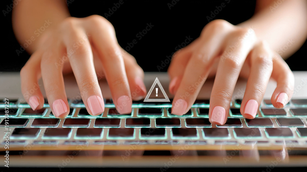 Fototapeta premium Closeup hands typing on backlit laptop keyboard with warning symbol for cybersecurity risk management campaign and it security awareness announcement