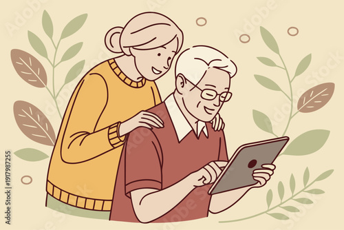 Dwoje seniorów korzysta z tabletu w domu, nauka technologii i wsparcie w związku, międzypokoleniowa komunikacja i relacje.